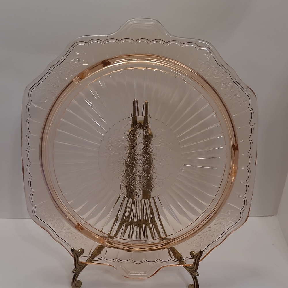 Pink Depression Mayfair Open Rose 3 Footed Glass Cake Plate 10 Inch Diameter
